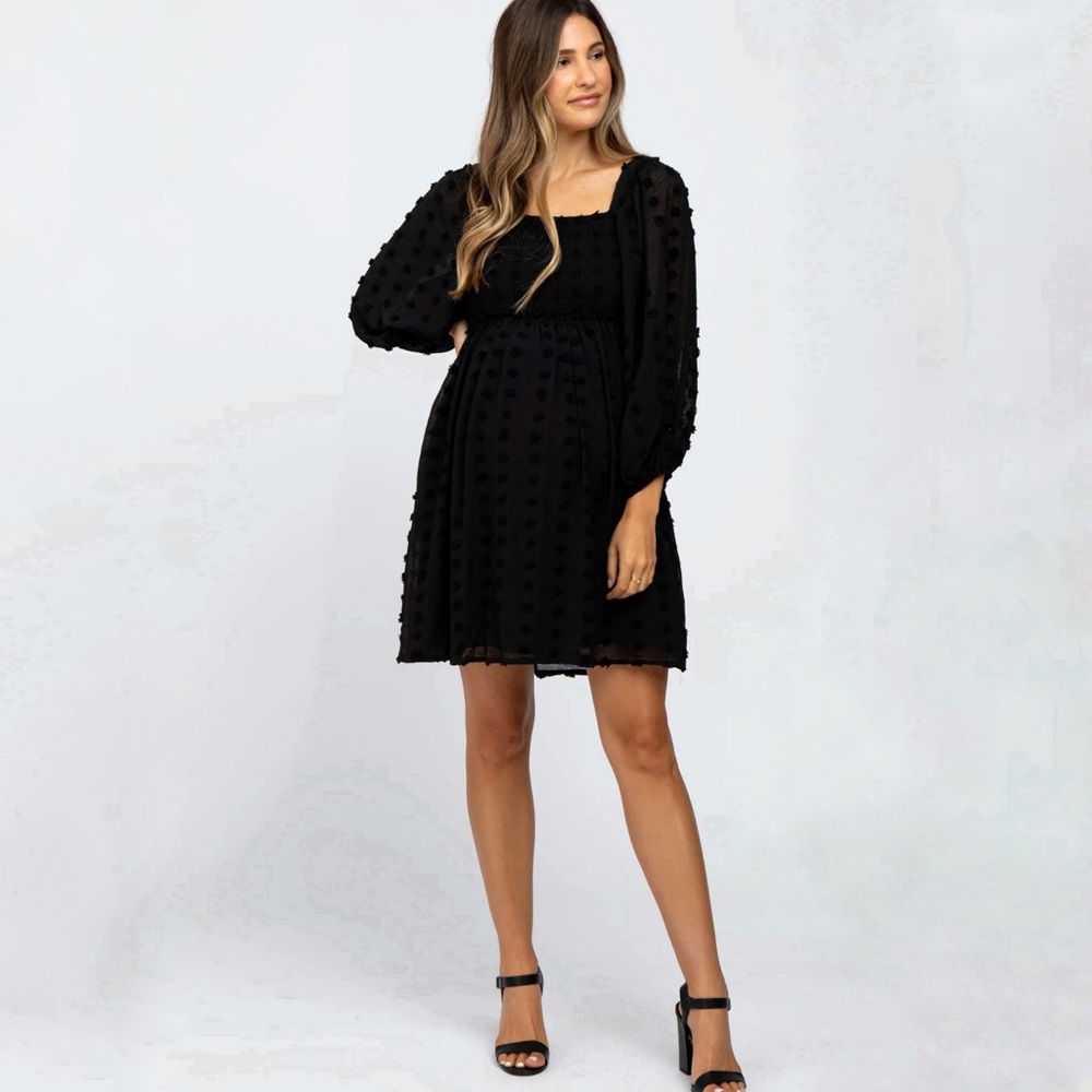Black Textured Dot Smocked Square Neck Chiffon Dress